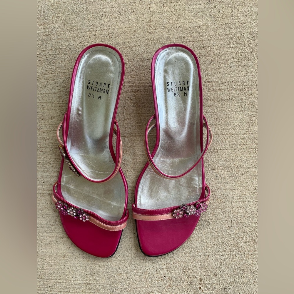 Stuart Weitzman Pink Embellished Sandals Kitten Heels, Size 8.5M